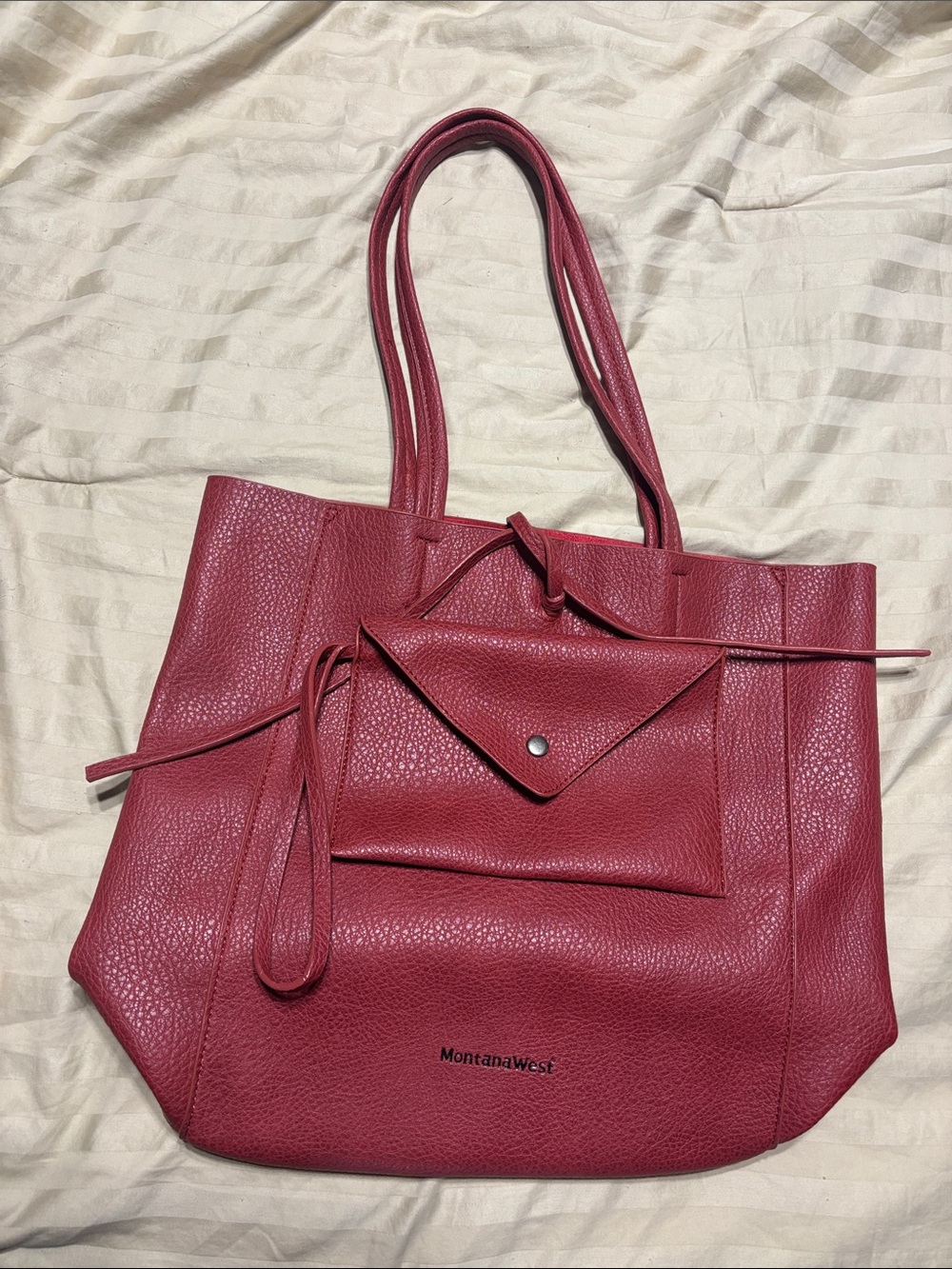 Montana West Berry Red Pebbled Tote with Front Envelope Pouch